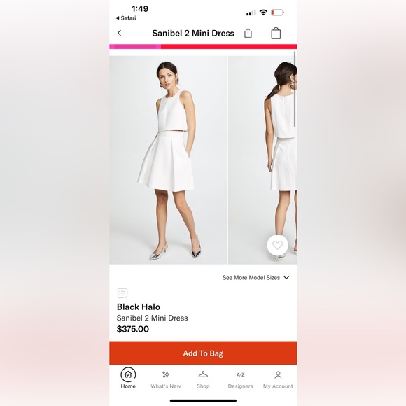 Shopbop Black Halo white 2-piece set, tank and skirt - Picture 2 of 6